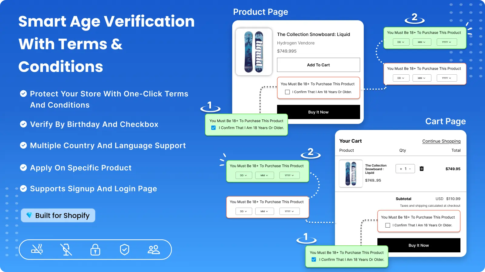 Age terms on product and cart: Add an “I confirm I am 18+” checkbox before Add to cart or Buy it now.