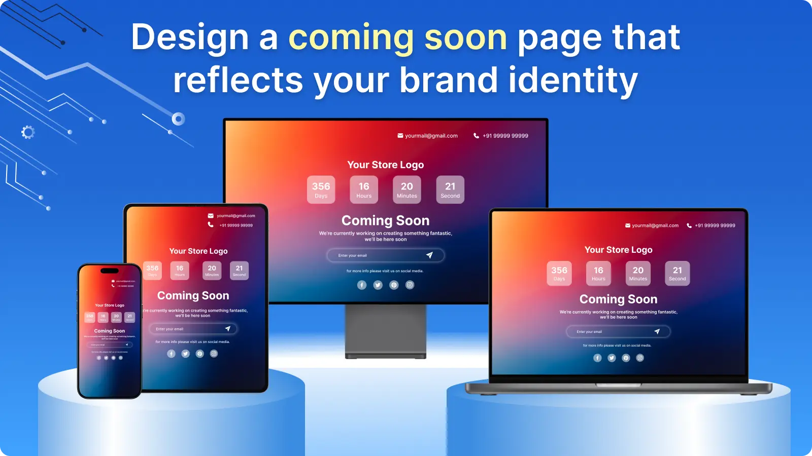 Coming soon page with countdown timer shown on desktop, tablet and phone