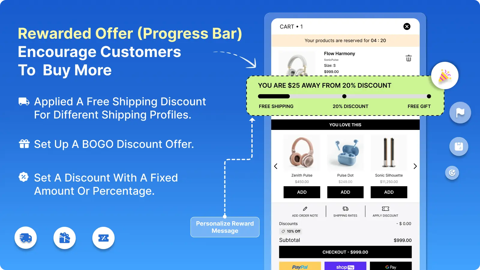 Rewarded offer progress bar: Free shipping, discount and free gift goals in one bar.
