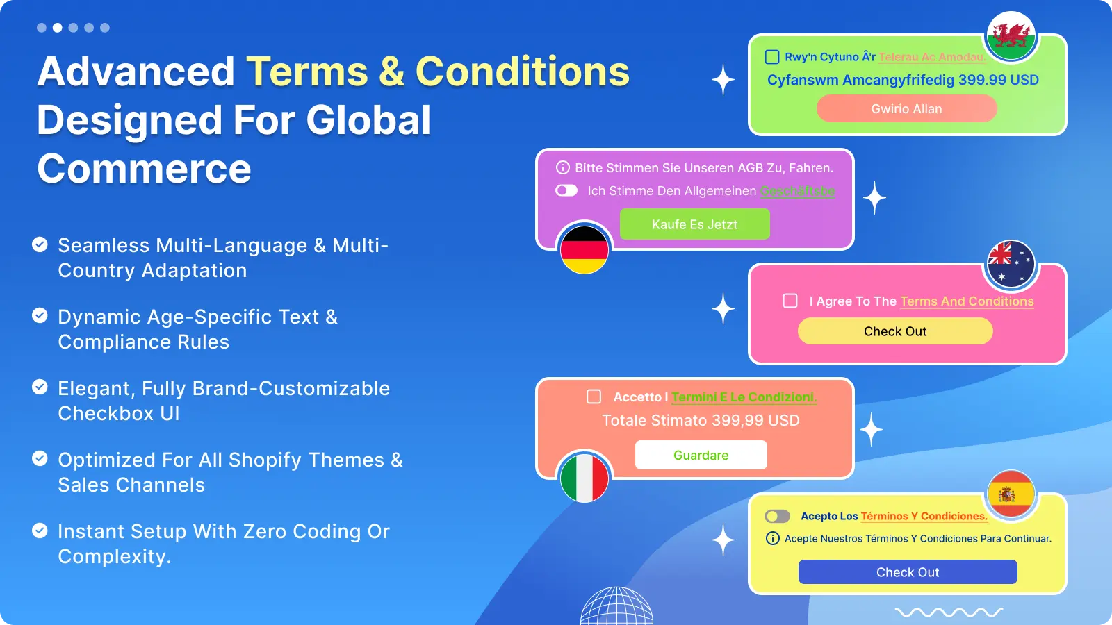 Global stores: Different languages and rules for each country.