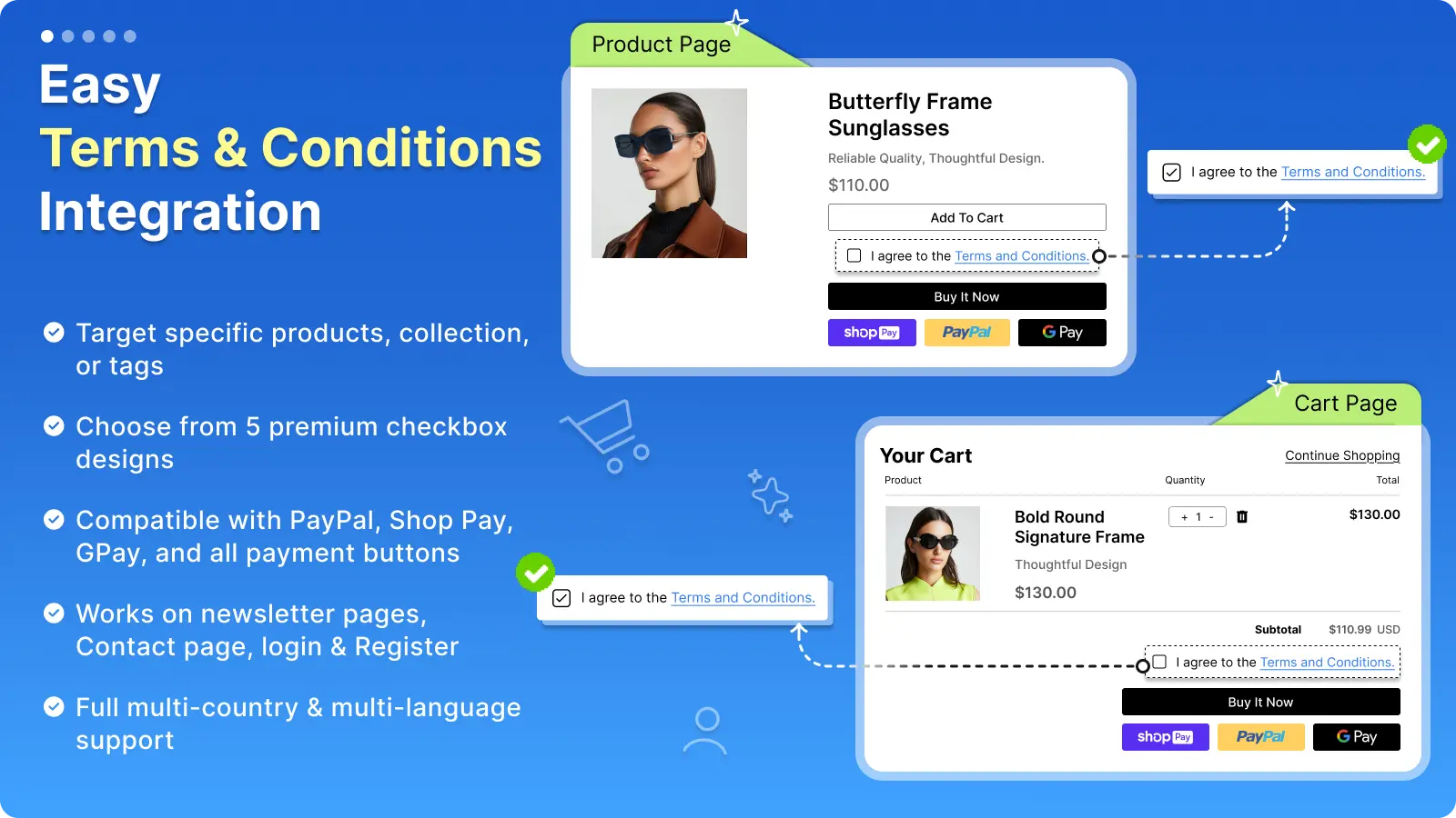 Terms and conditions checkbox on a Shopify product page and cart page